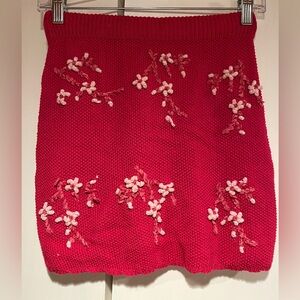 dElia’s by Dolls Kill Red Knit/crochet Chenille Flowers Skirt Size XS no tags